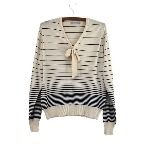Vintage Givenchy Sport Cream Navy Striped Bow Front Vneck Sweater Size 40 - Picture 1 of 4